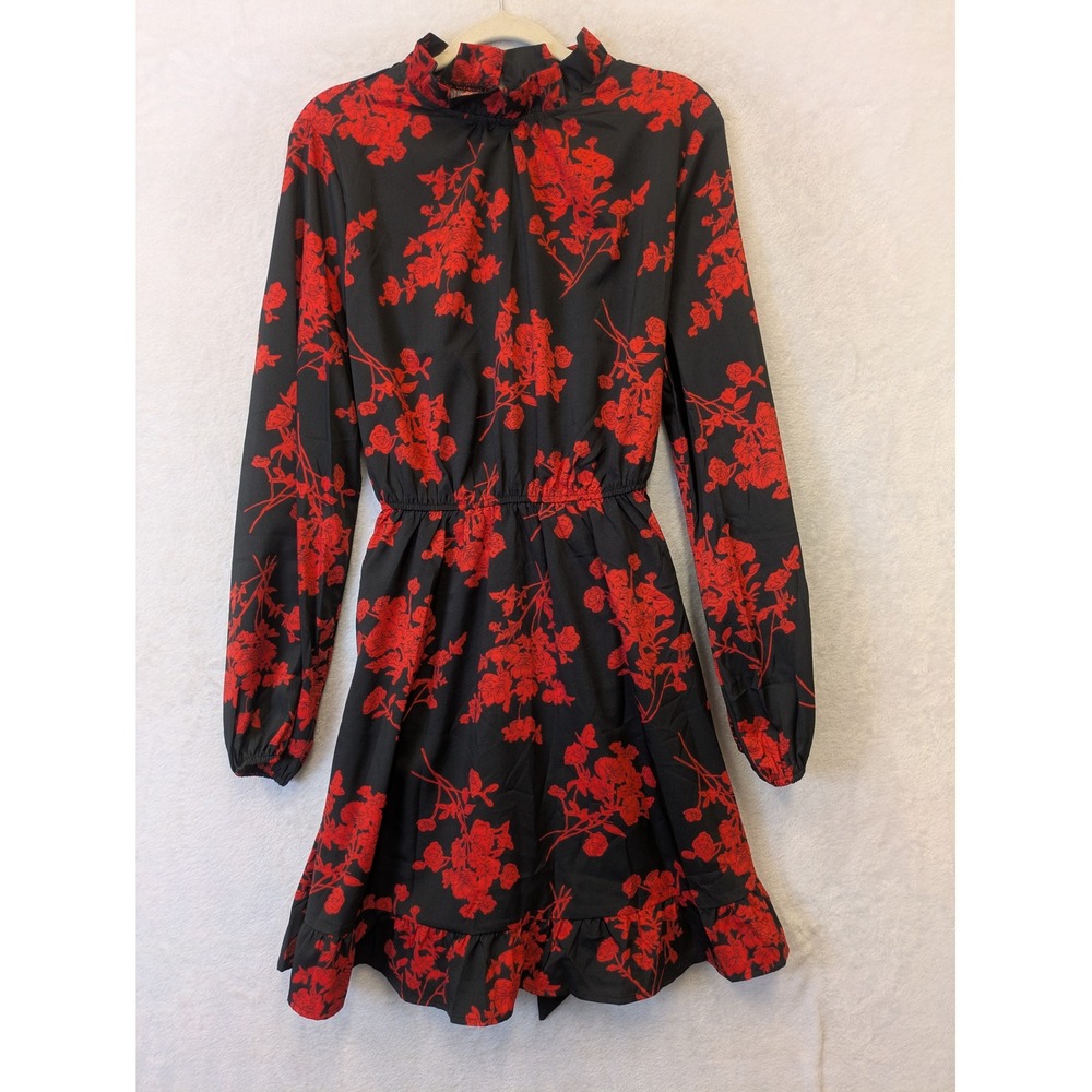 Cupshe Women's Size L Red Rose Floral Ruffle Dress Mock Neck‎ Long Sleeve